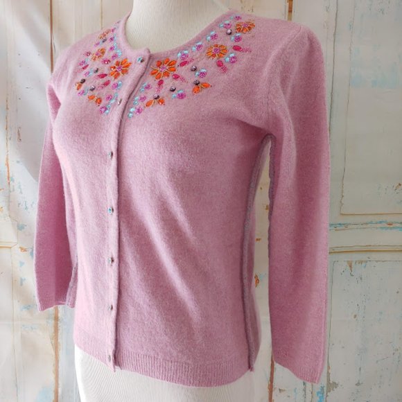 Free People wool angora long sleeve sweater button cardigan crew neck/S/pink - Picture 11 of 13